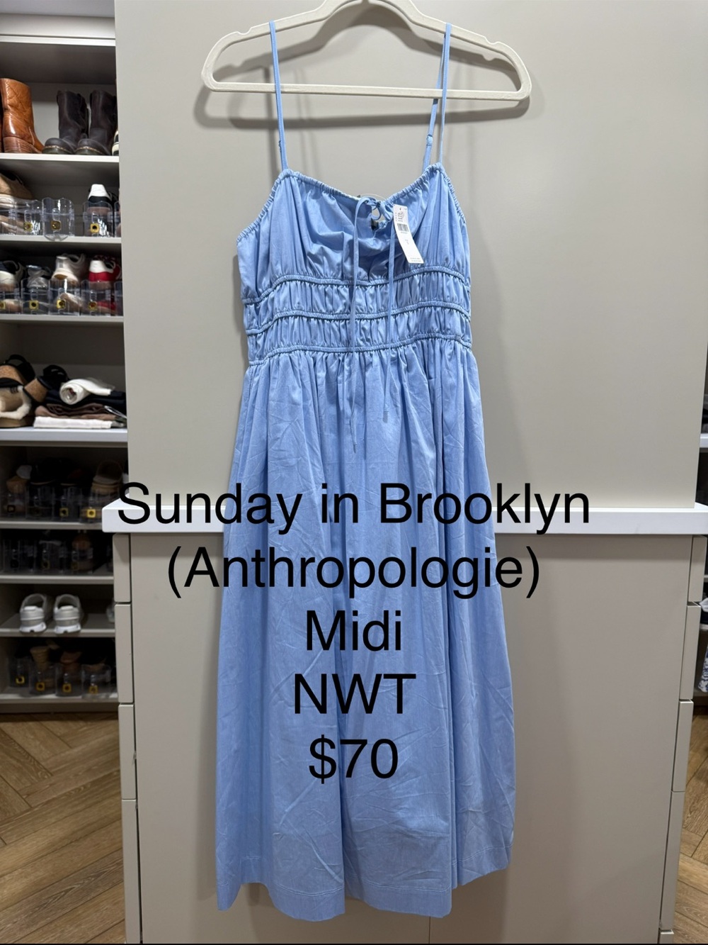 Anthropologie Light Blue Smocked Midi Dress